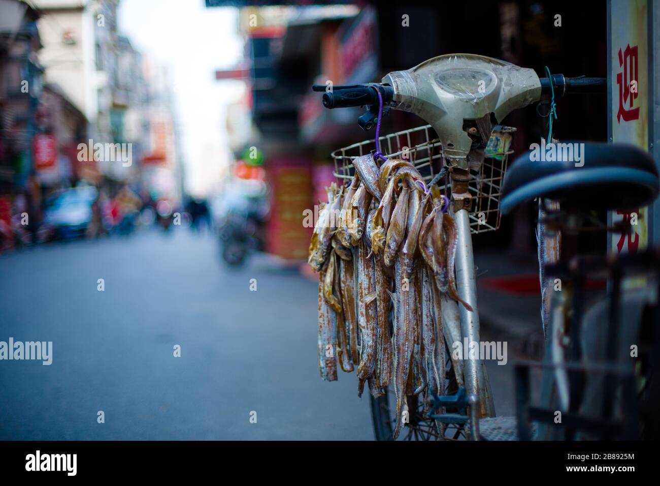 Le poisson sèche sur un vélo de poissonnier dans un arrière-rue/hutong de Shanghai, en Chine Banque D'Images