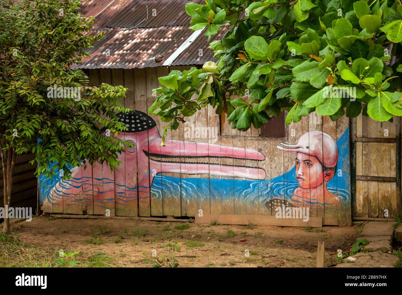 Peintures exotiques sur les maisons indiennes de la tribu Ticuna, Mocagua, forêt tropicale d'Amazone, Colombie, Amérique du Sud. Banque D'Images