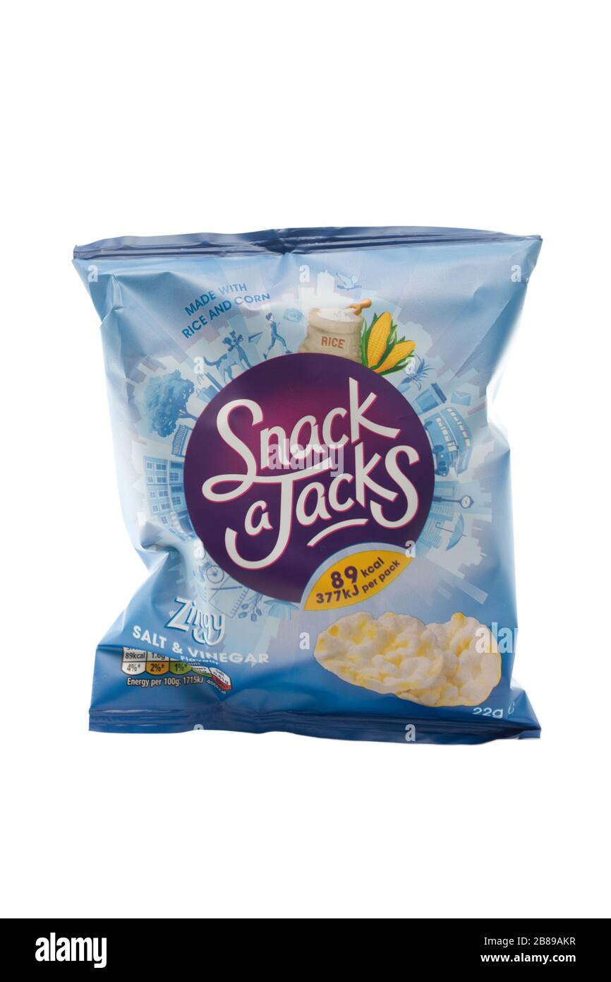 Marcheurs sel et vinaigre snack A jacks sur fond blanc isolé Banque D'Images