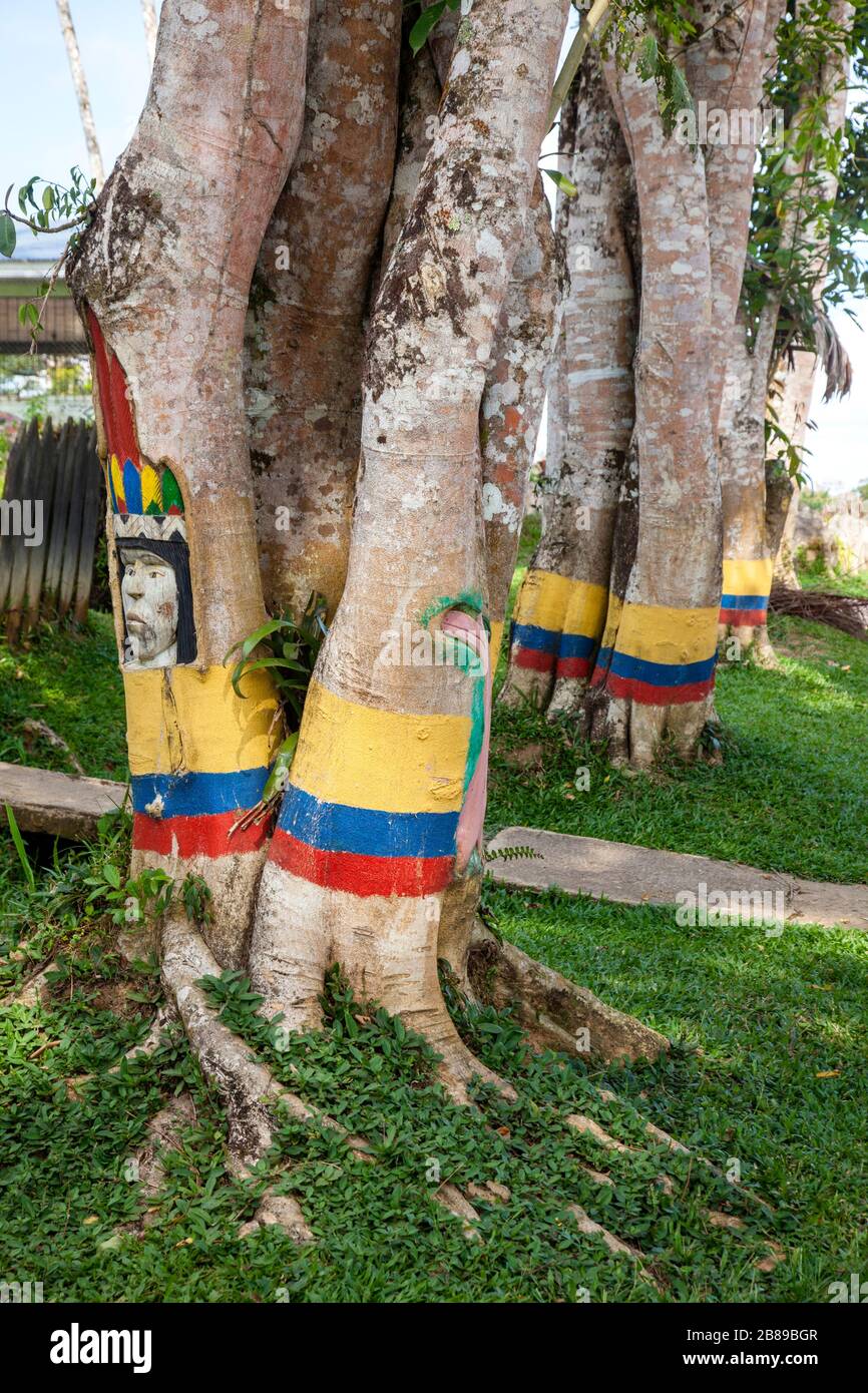 Drapeau colombien et un Indien peint sur un tronc d'arbre à côté de la route à Puerto Narino, Leticia, Amazones, Colombie, Amérique du Sud. Banque D'Images