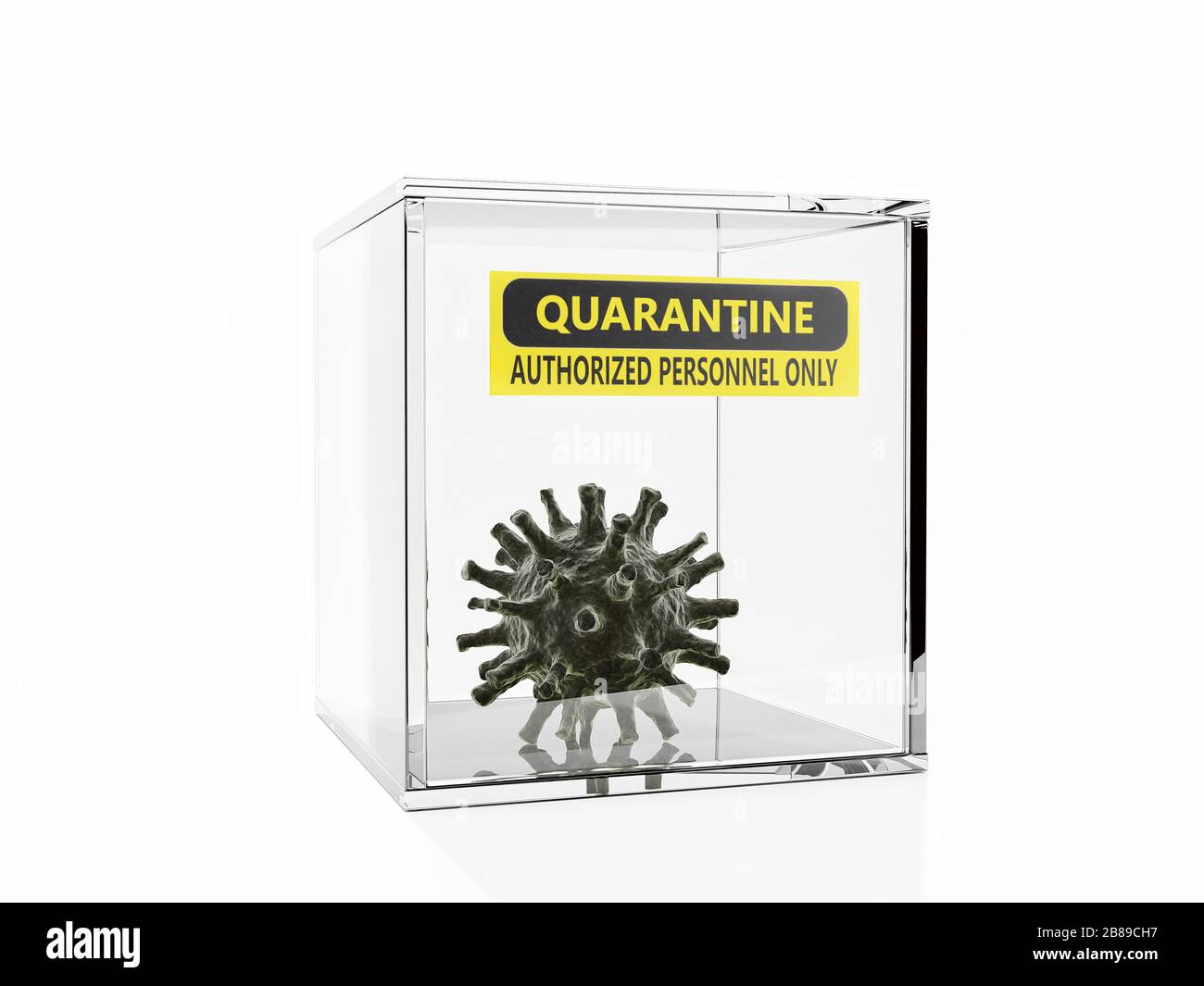 Rendu tridimensionnel du virus corona isolé dans une boîte d'isolement en verre avec étiquette de quarantaine Banque D'Images