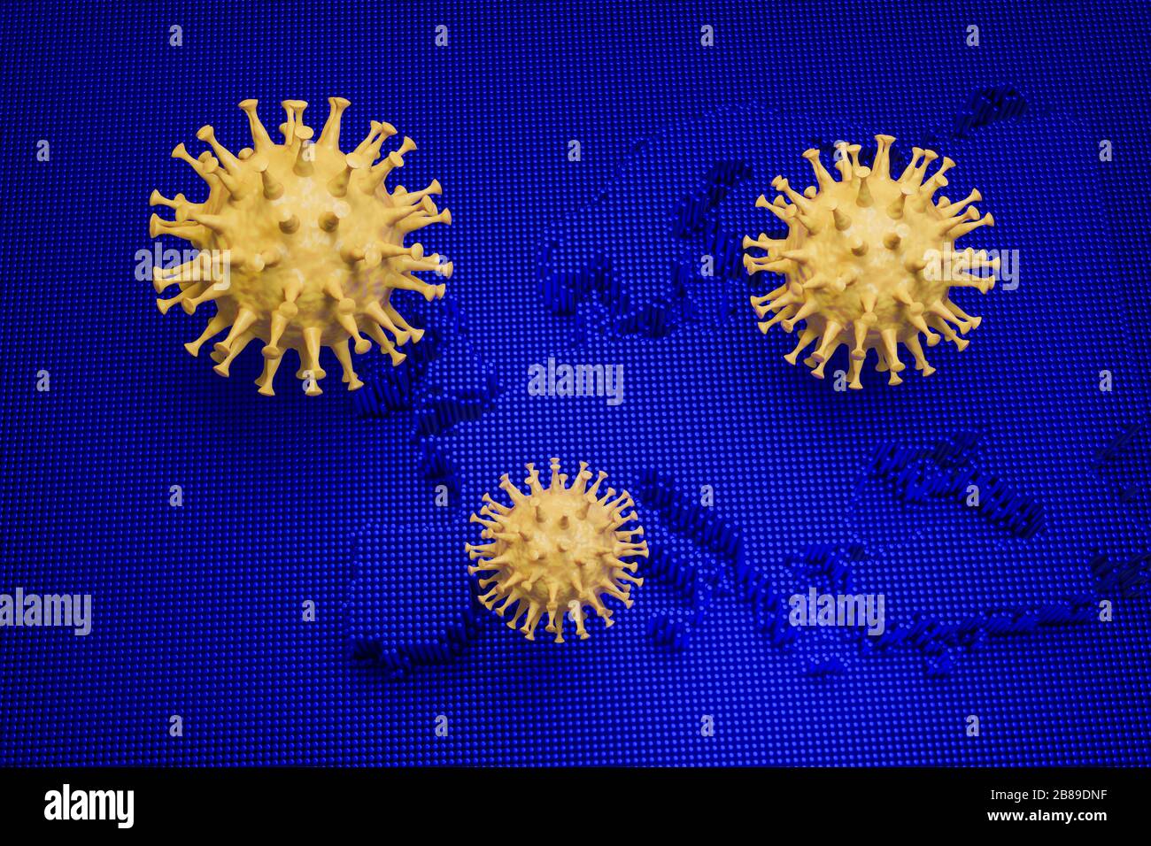 Rendu tridimensionnel : éclosion de nouveau Coronavirus SRAS-CoV-2 en Europe - image schématique des virus de la famille Corona sur une image bleue d'une carte européenne Banque D'Images