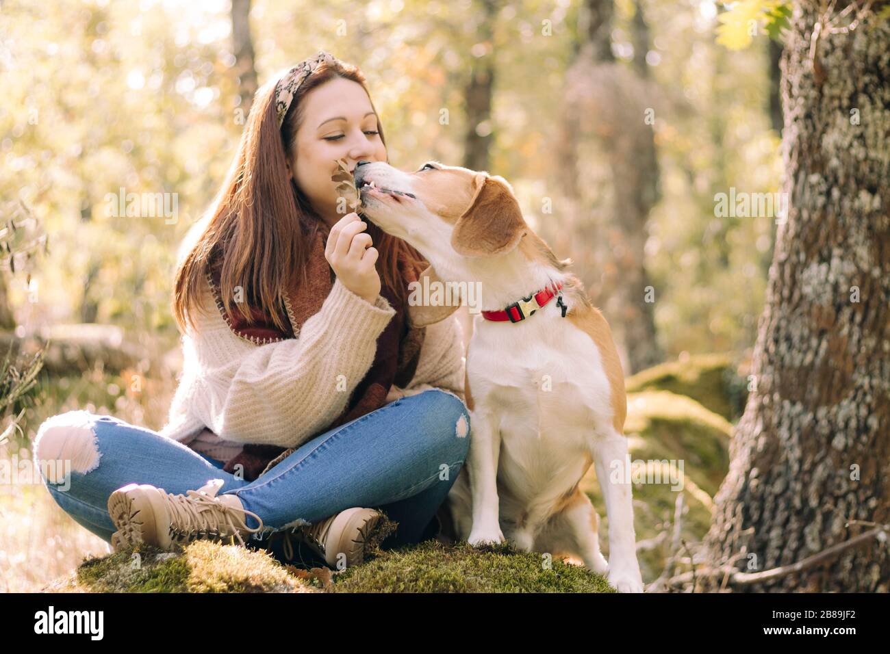Jeune femme souriante, assise à côté de son chien pendant une promenade Banque D'Images