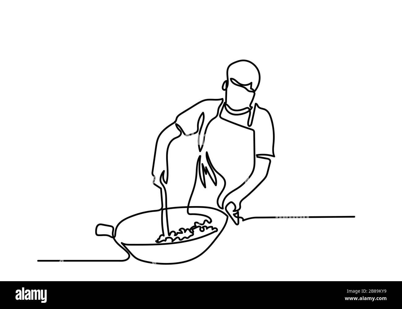 Un dessin continu de chef prépare la nourriture dans la cuisine. Banque D'Images