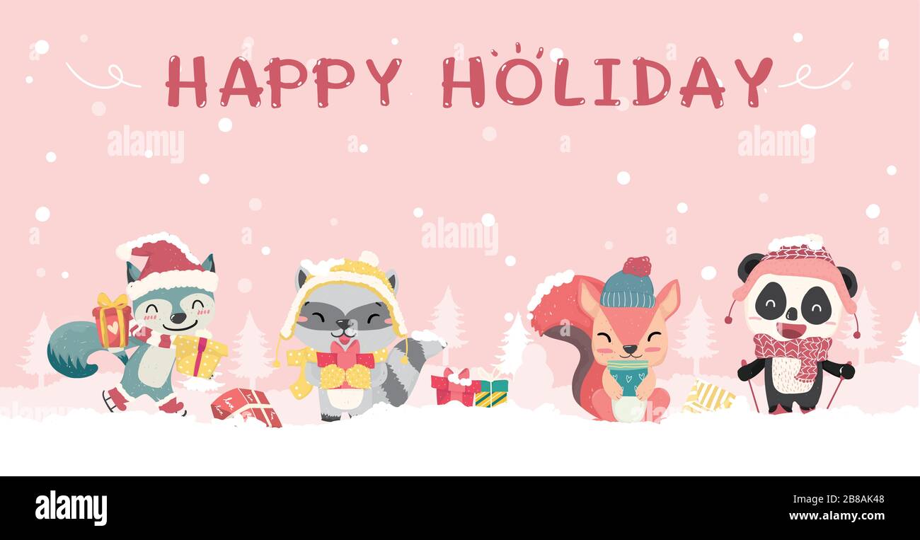 Joyeux animaux sauvages en hiver costume de noël plat vectoriel caricature, idée pour l'arrière-plan, bannière. Renard mignon, panda, Happy Time, joyeux noël Illustration de Vecteur