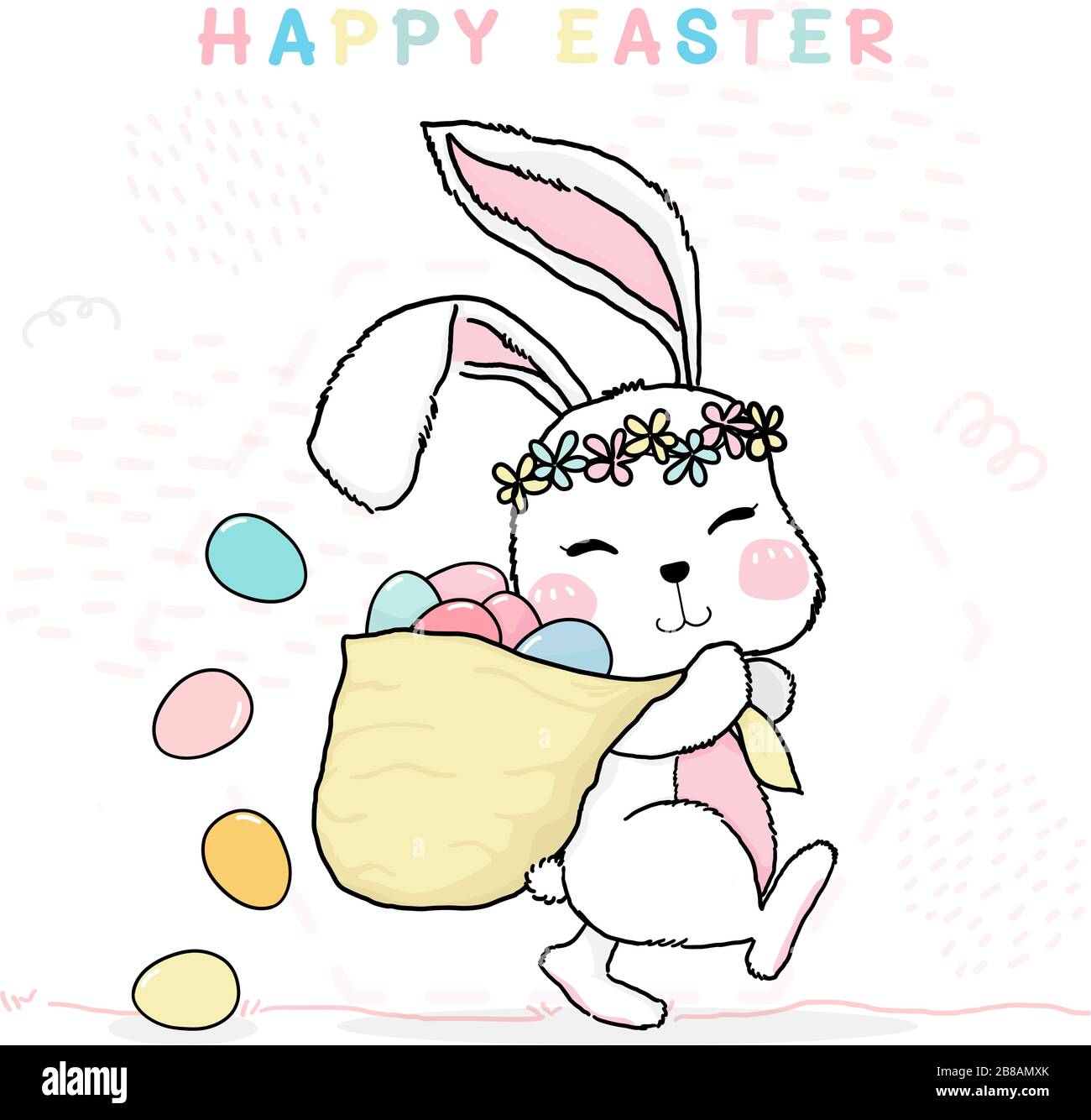 mignon dessin ligne fleur wreath bunny joyeuses pâques tenant sac d'œufs pastel colorés Illustration de Vecteur