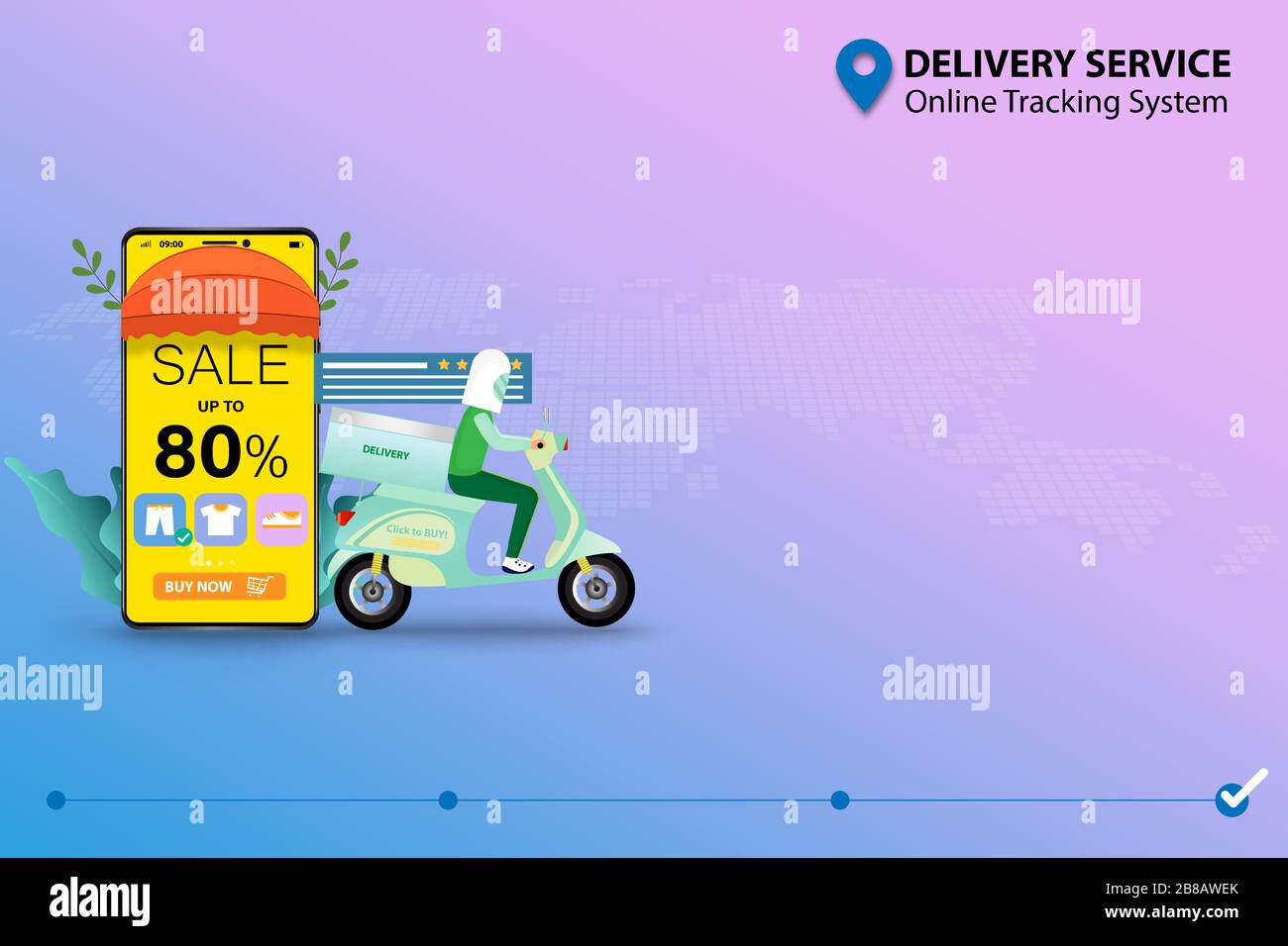 Concept de service de livraison avec système de suivi en ligne, homme conduite scooter près du smartphone que l'affichage contient taux de réduction, liste de produits. Illustration de Vecteur