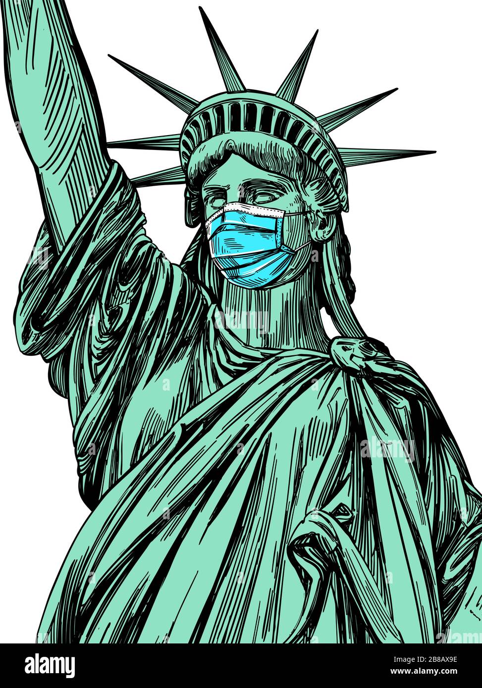 Statue de la liberté dans un masque, le coronavirus est une maladie  dangereuse aux États-Unis d'Amérique, un respirateur, une protection contre  le virus. Tiré à la main Image Vectorielle Stock - Alamy
