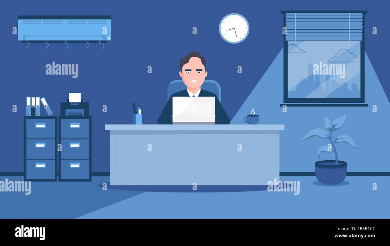 un homme travaille à son bureau illustration bleue Banque D'Images