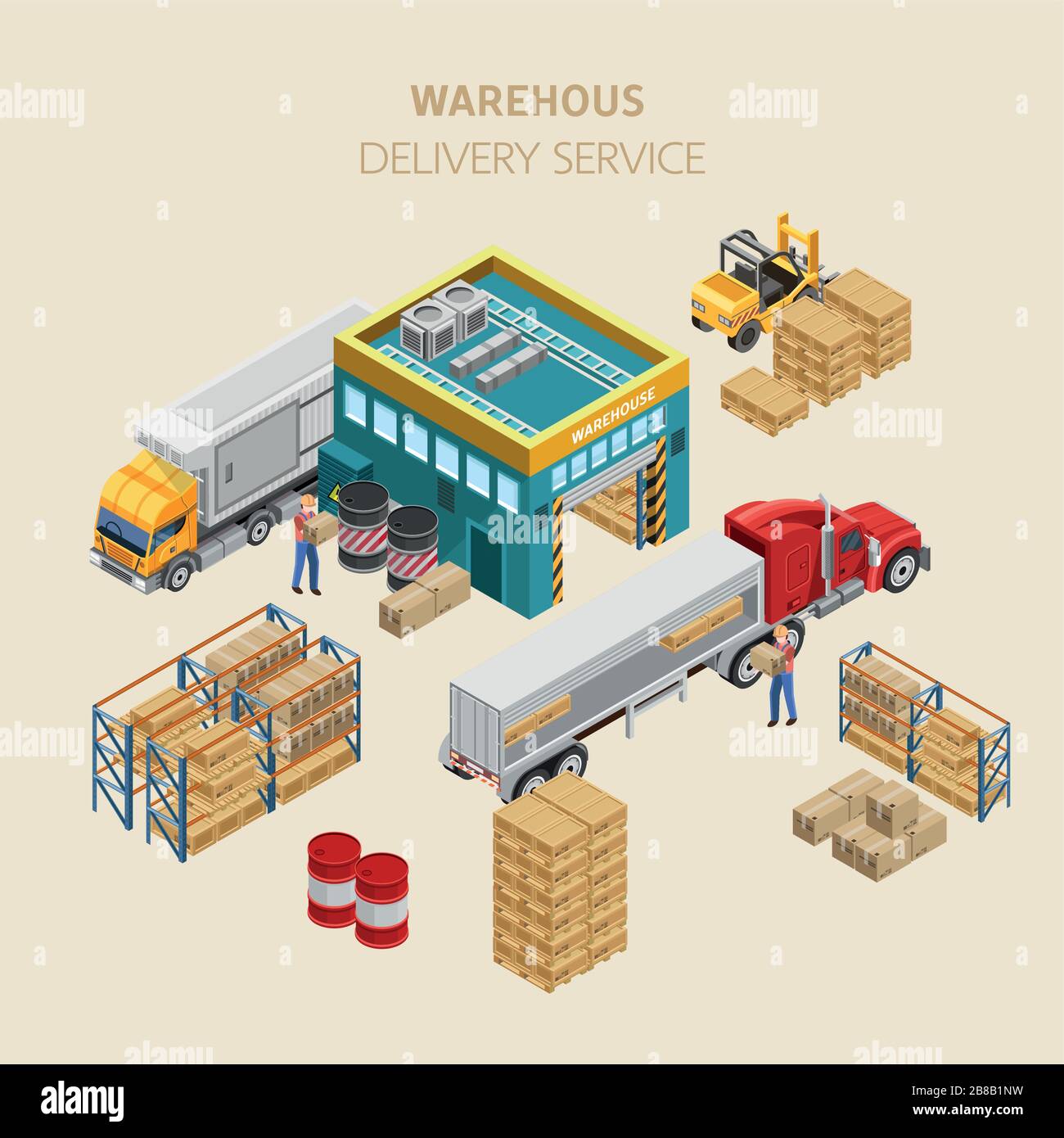 Illustration vectorielle isométrique des travailleurs transportant des colis et des camions de chargement à proximité de l'installation de stockage du service de livraison Illustration de Vecteur
