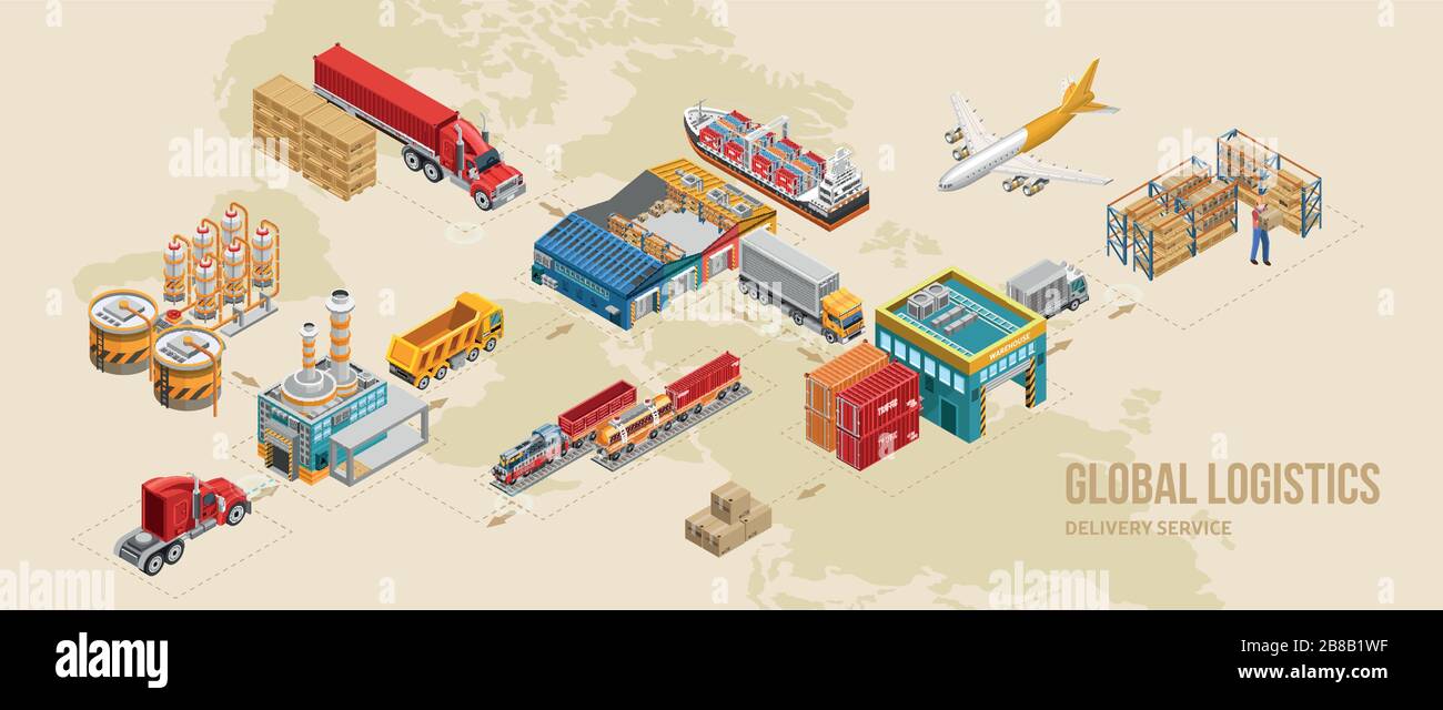 Flèches reliant différentes étapes du service de livraison dans le cadre de la logistique mondiale sur la carte du monde Illustration de Vecteur