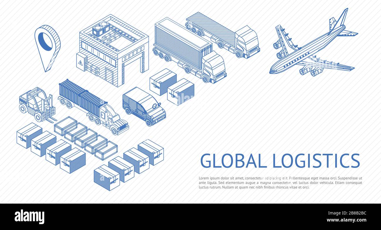 Collection isométrique créative de camions et de conteneurs pour le concept logistique mondial sur fond blanc Illustration de Vecteur