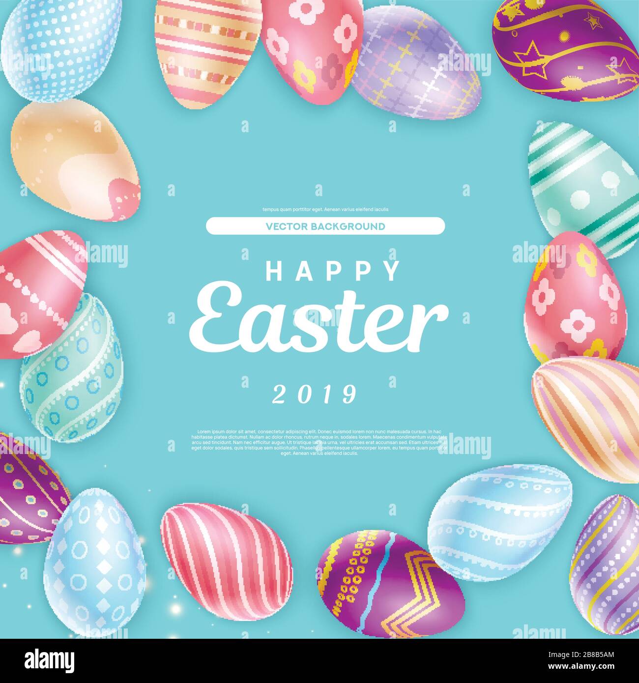 Jolie inscription joyeuse Pâques 2019 entourée d'œufs de couleur étonnante Illustration de Vecteur