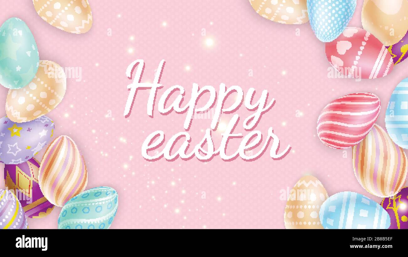 Élégante inscription joyeuse de Pâques au milieu d'étincelles scintillantes et d'œufs de couleur sur fond rose Illustration de Vecteur