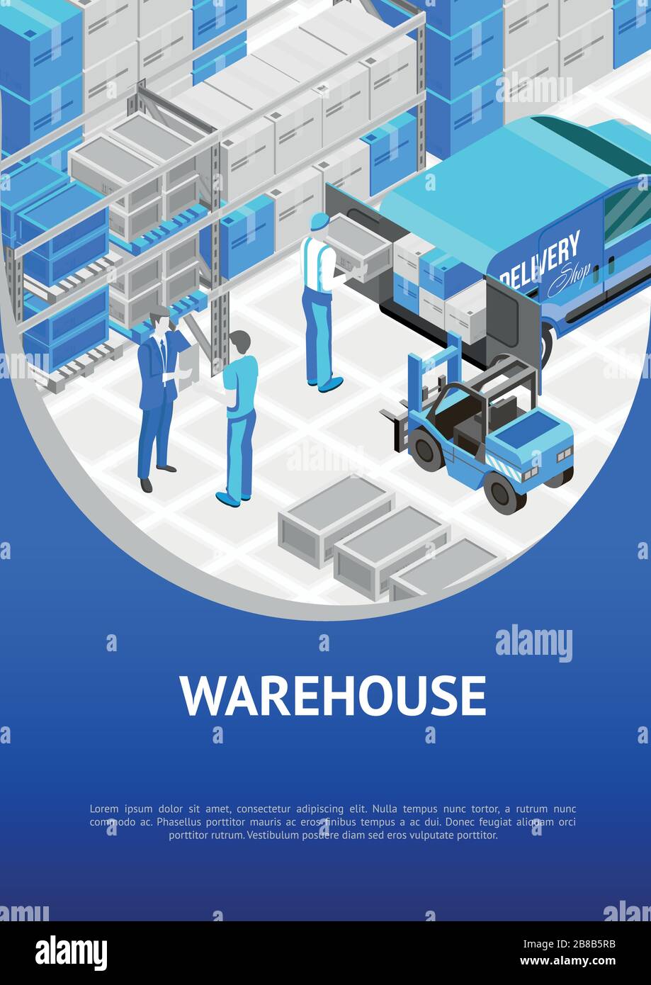 Affiche de couleur bleue pour la promotion du service d'entrepôt montrant le stockage moderne avec les travailleurs Illustration de Vecteur