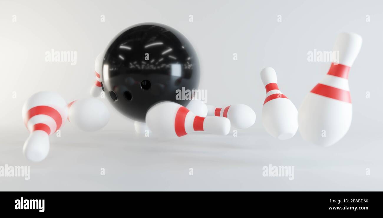 illustration d'un crash de boule de bowling dans des épingles. Perspective extrême, profondeur de champ foyer sur le ballon. Fond blanc Banque D'Images