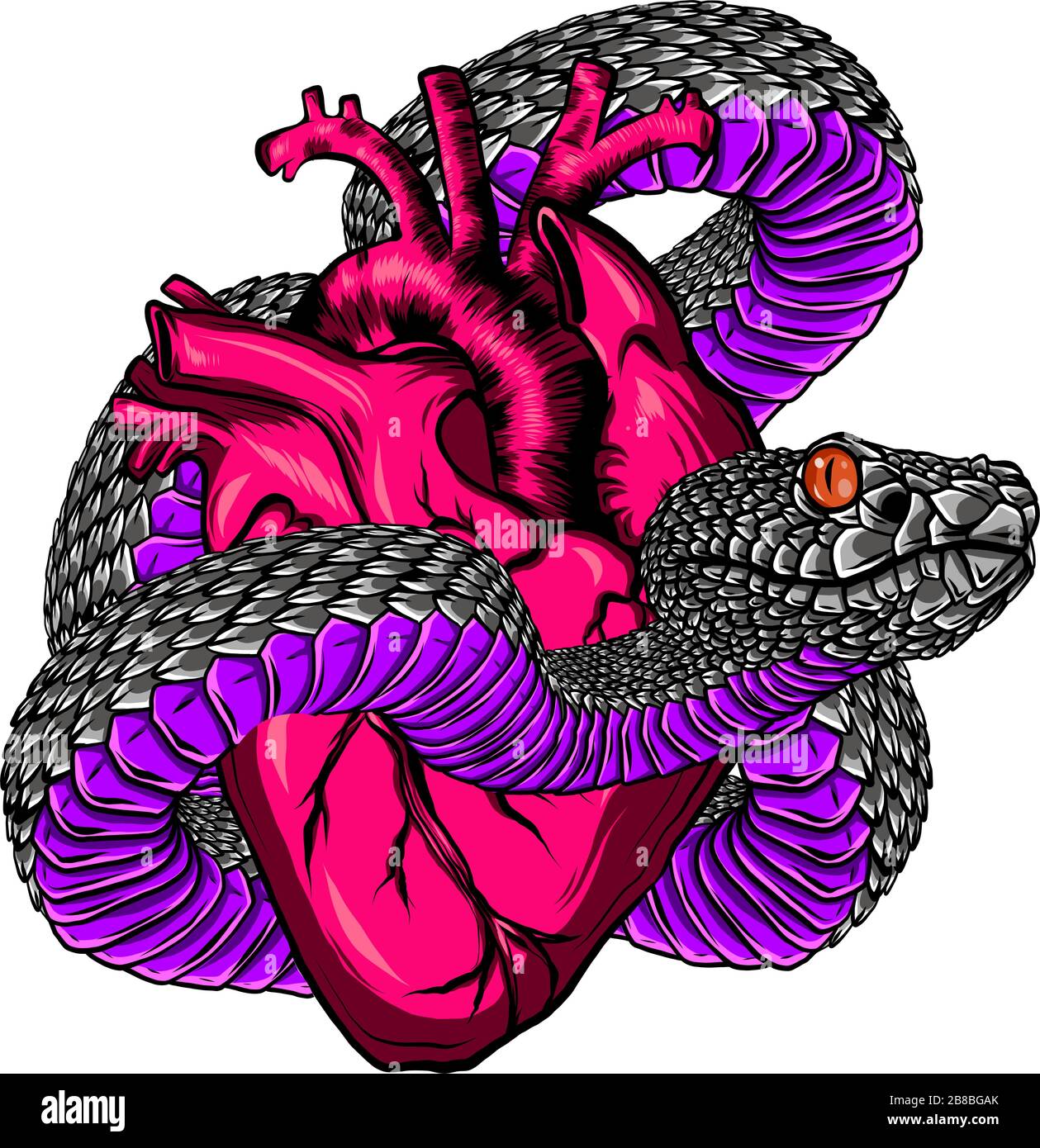 Serpent et tatouage de coeur. Symbole d'amour, d'envie, de mauvais t-shirt design vectoriel Illustration de Vecteur