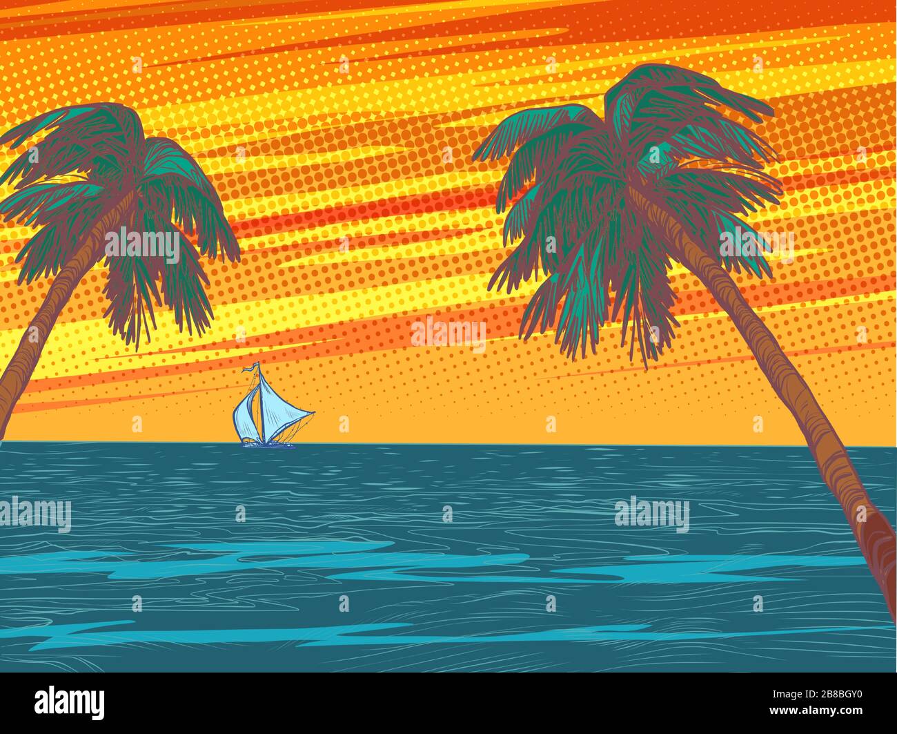 sunset beach resort palmiers arbres mer Illustration de Vecteur