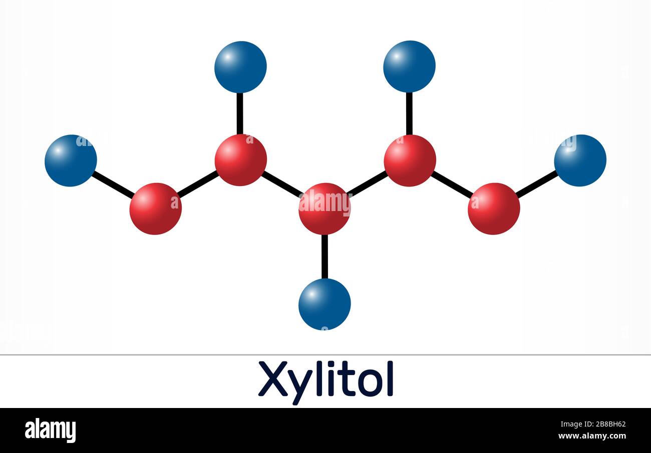 Xylitol, molécule C5H12O5. C'est de l'alcool polyalcool et de sucre, un alditol. Est utilisé comme additif alimentaire E967 et comme substitut de sucre. Illustration Banque D'Images