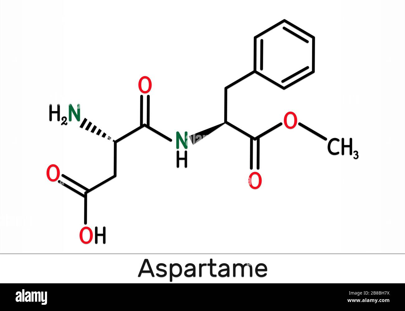 Aspartame, APM, molécule. Sucre de substitution et E951. Formule chimique du squelette. Illustration Banque D'Images