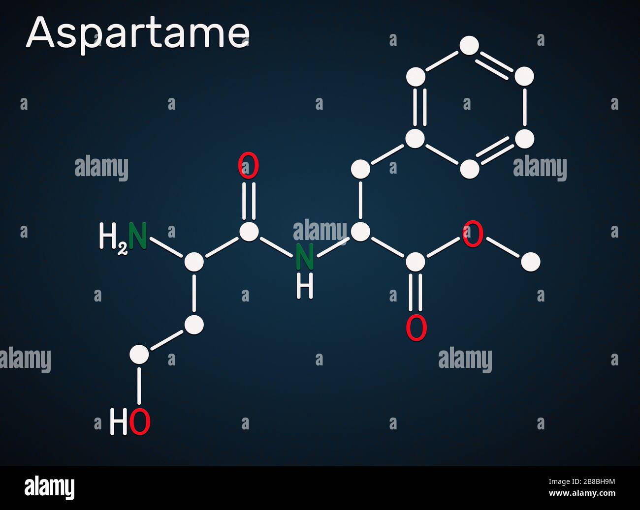 Aspartame, APM, molécule. Sucre de substitution et E951. Formule chimique structurelle sur fond bleu foncé. Illustration Banque D'Images