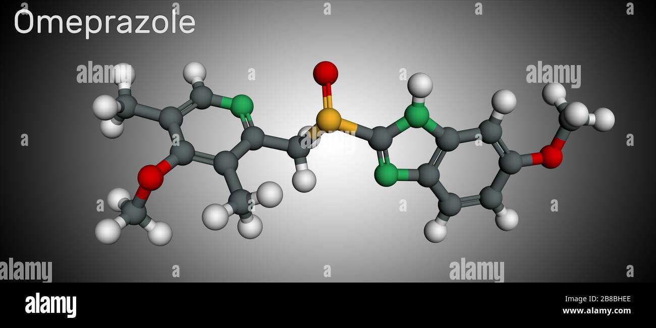 Oméprazole, molécule C17H19N3O3S. Il est utilisé pour traiter les troubles liés à l'acide gastrique, l'ulcère peptique, le reflux gastro-œsophagien GERD. Mole Banque D'Images