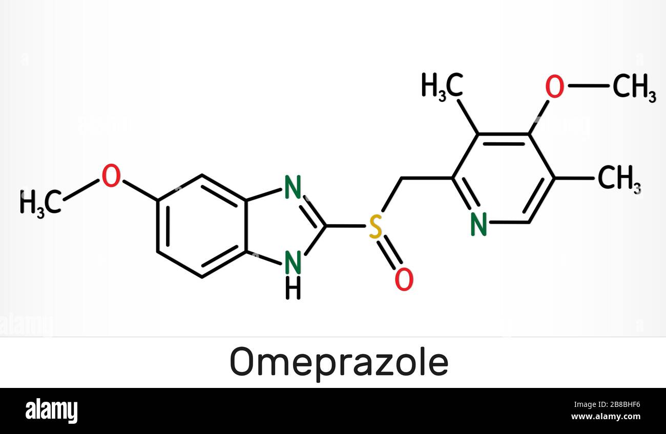 Oméprazole, molécule C17H19N3O3S. Il est utilisé pour traiter les troubles liés à l'acide gastrique, l'ulcère peptique, le reflux gastro-œsophagien GERD. Skel Banque D'Images
