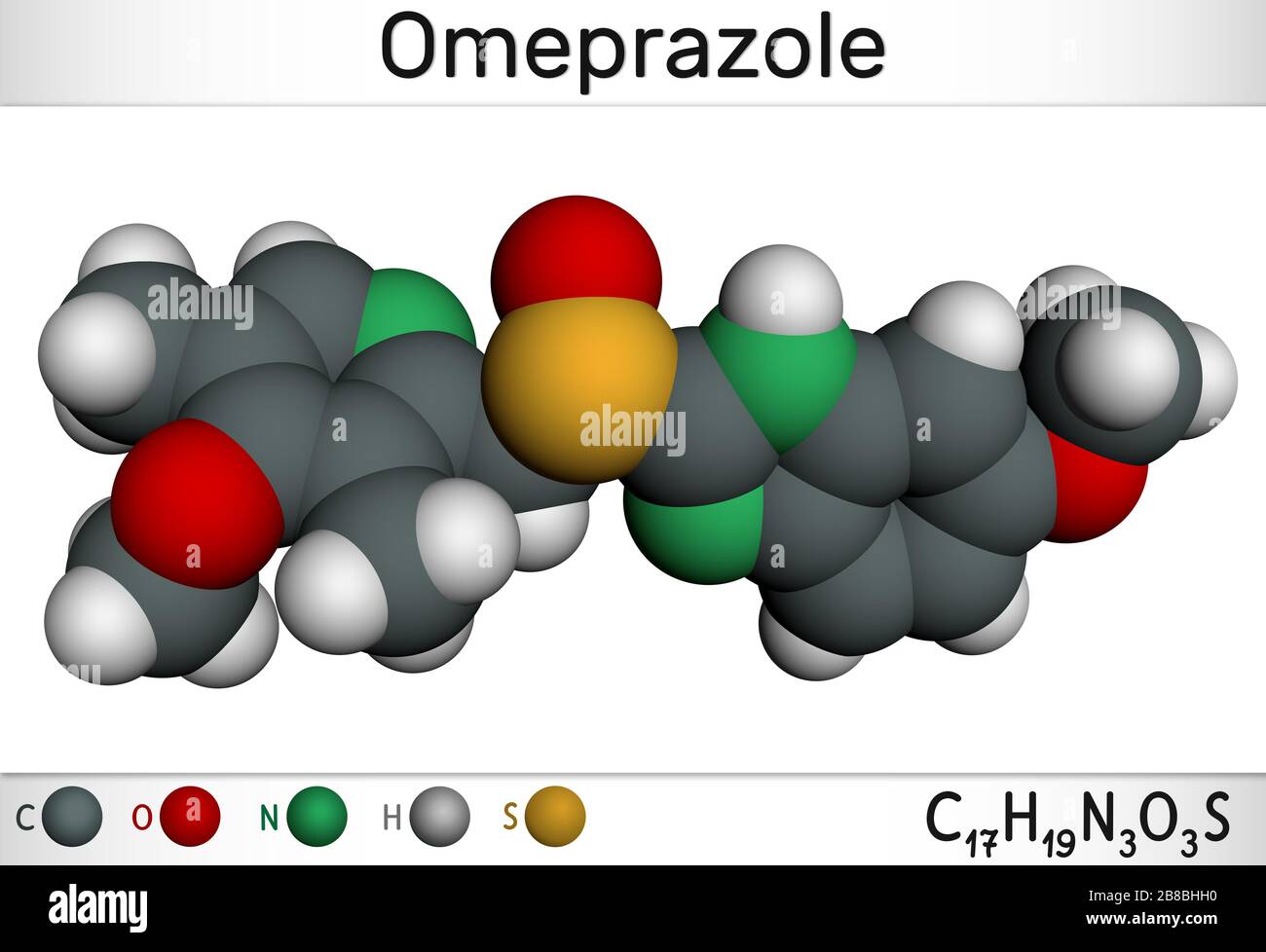 Oméprazole, molécule C17H19N3O3S. Il est utilisé pour traiter les troubles liés à l'acide gastrique, l'ulcère peptique, le reflux gastro-œsophagien GERD. Mole Banque D'Images