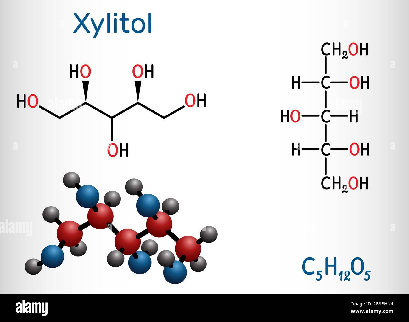 Xylitol, molécule C5H12O5. C'est de l'alcool polyalcool et de sucre, un alditol. Est utilisé comme additif alimentaire E967 et comme substitut de sucre. Produit chimique structural FO Illustration de Vecteur