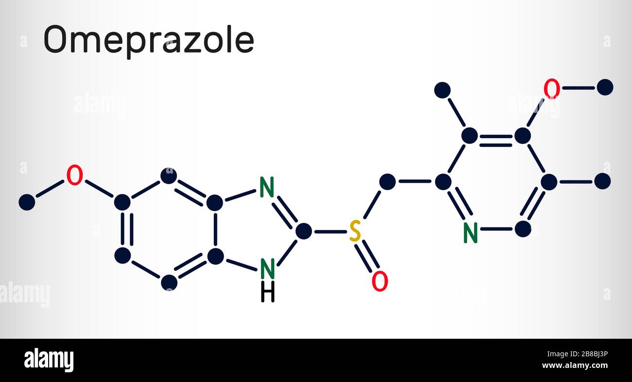 Oméprazole, molécule C17H19N3O3S. Il est utilisé pour traiter les troubles liés à l'acide gastrique, l'ulcère peptique, le reflux gastro-œsophagien GERD. Skel Illustration de Vecteur