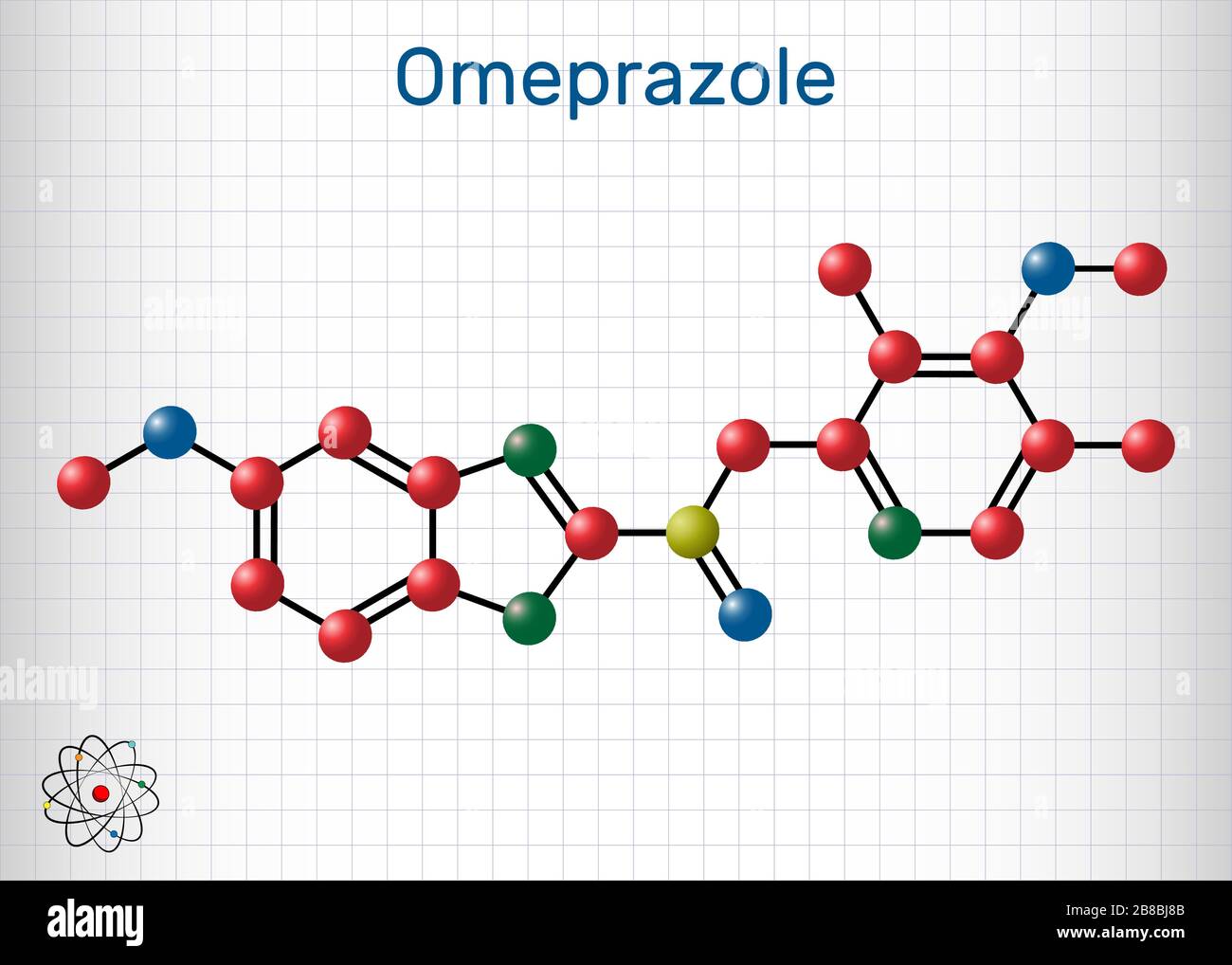 Oméprazole, molécule C17H19N3O3S. Il est utilisé pour traiter les troubles liés à l'acide gastrique, l'ulcère peptique, le reflux gastro-œsophagien GERD. Eie Illustration de Vecteur