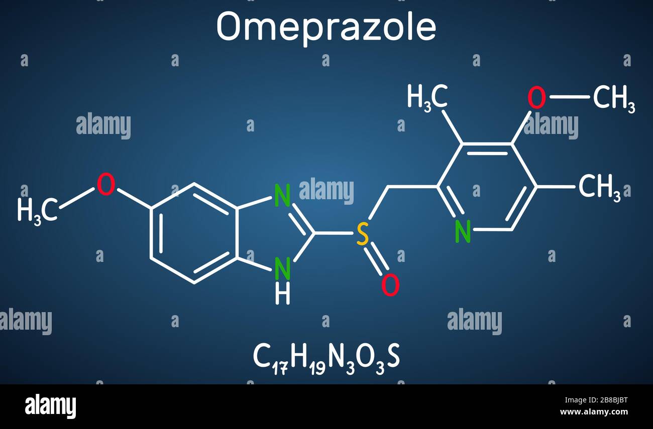 Oméprazole, molécule C17H19N3O3S. Il est utilisé pour traiter les troubles liés à l'acide gastrique, l'ulcère peptique, le reflux gastro-œsophagien GERD. Sombre Illustration de Vecteur