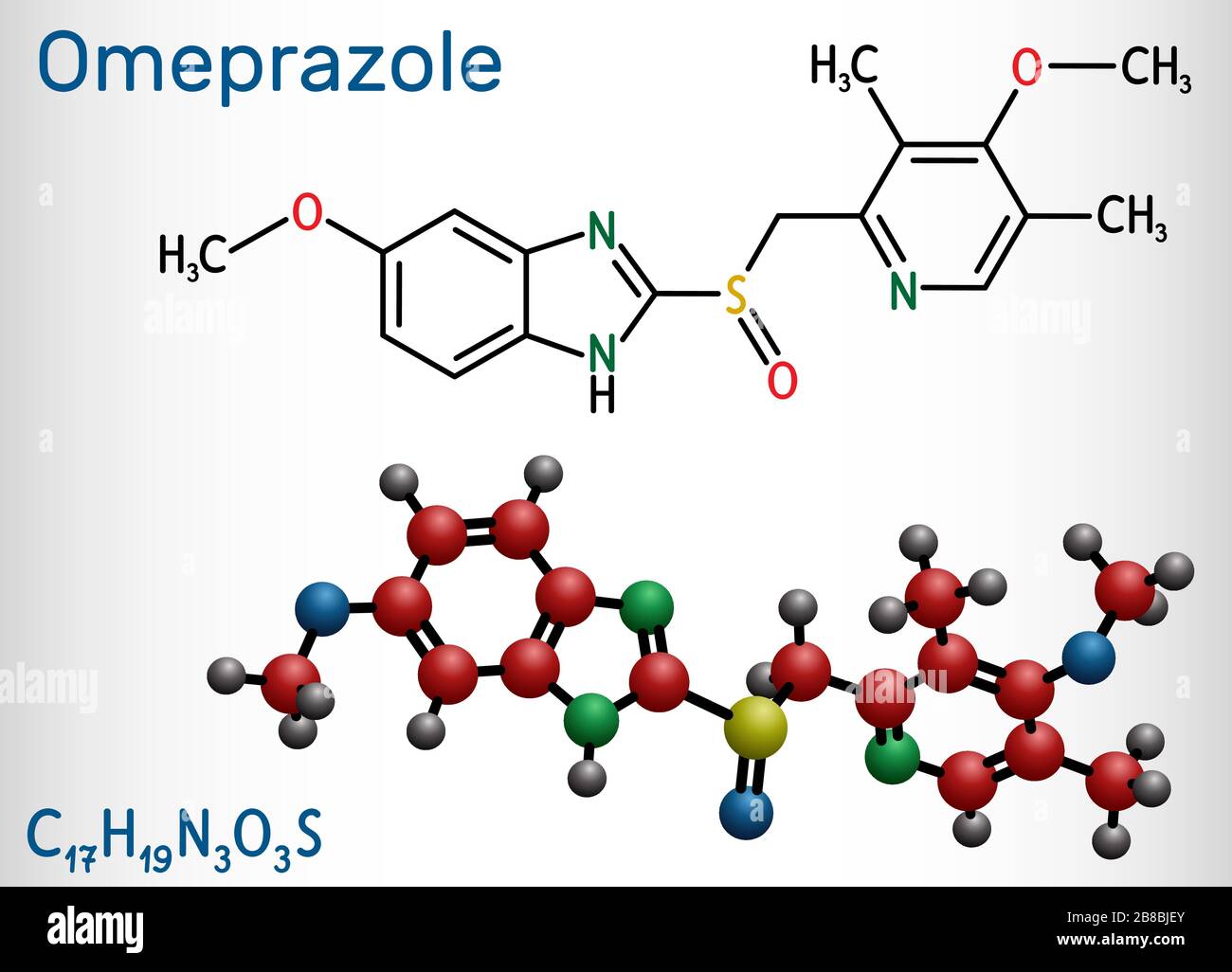Oméprazole, molécule C17H19N3O3S. Il est utilisé pour traiter les troubles liés à l'acide gastrique, l'ulcère peptique, le reflux gastro-œsophagien GERD. Chem Illustration de Vecteur