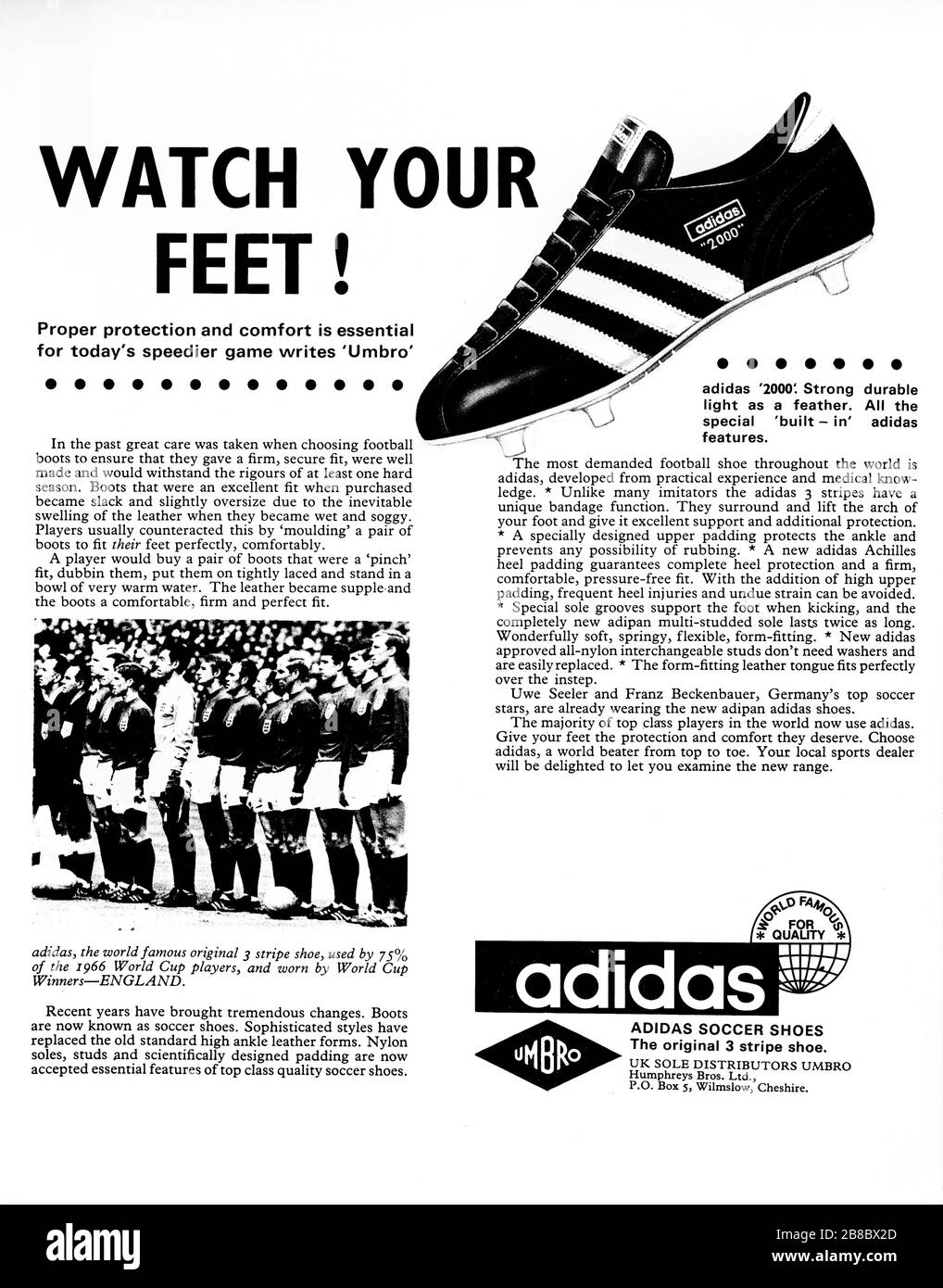 Publicité des années 1960 pour les chaussures de football Adidas 2000. ROYAUME-UNI Banque D'Images