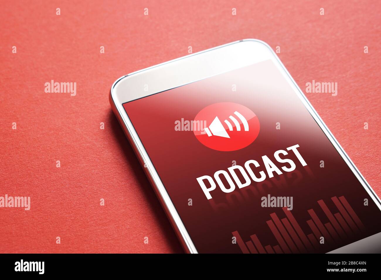 Application podcast sur smartphone. Écouter du son et du divertissement audio avec le concept de téléphone mobile. Banque D'Images