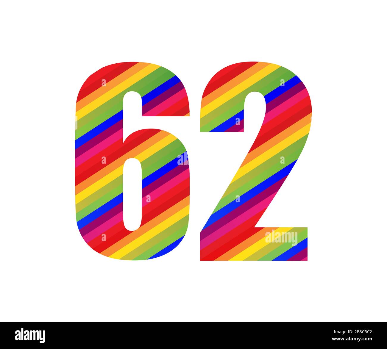 62 Numéro caractère numérique Rainbow style. Illustration vectorielle colorée à deux chiffres isolée sur fond blanc. Banque D'Images