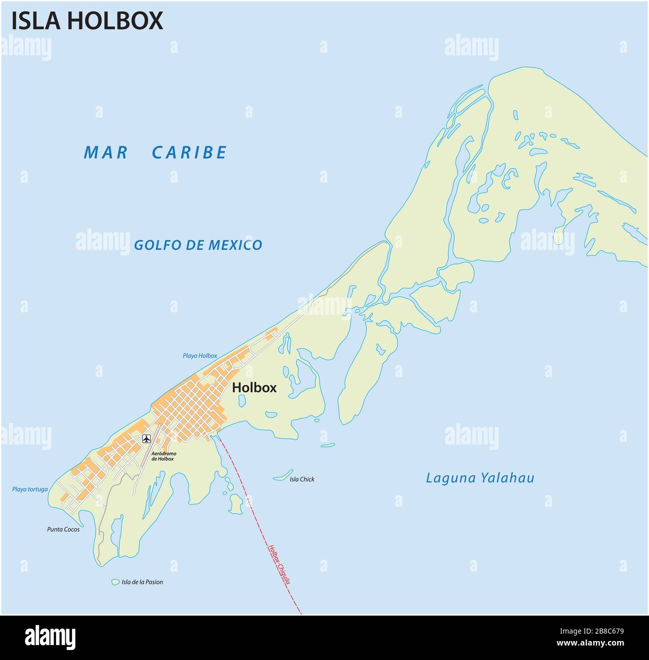 Carte de l'île de vacances mexicaine de Holbox au nord de la péninsule du Yucatan, Mexique Illustration de Vecteur