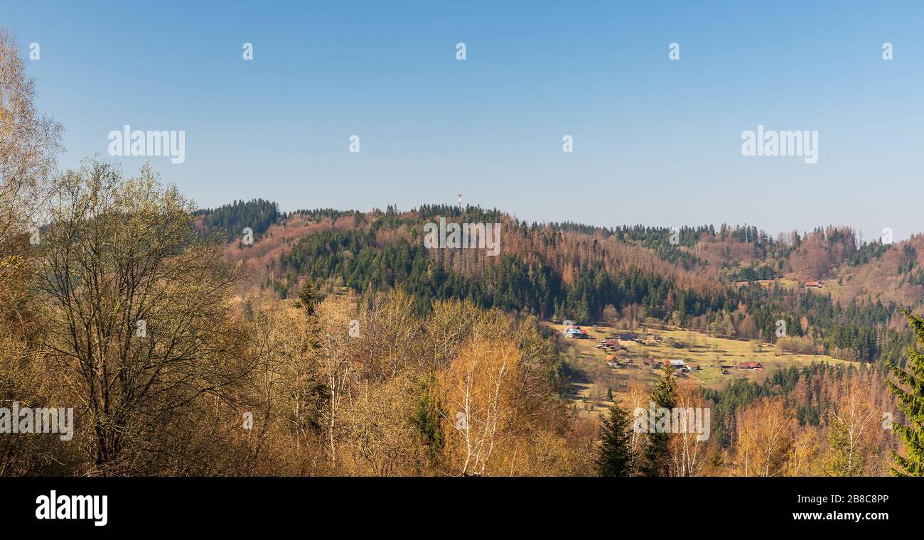 Paysage de montagne des montagnes Javorniky au-dessus de la ville de Turzovka en Slovaquie avec des collines, la forêt dévastée par le dendroctone de l'écorce et la colonisation dispersée pendant n Banque D'Images