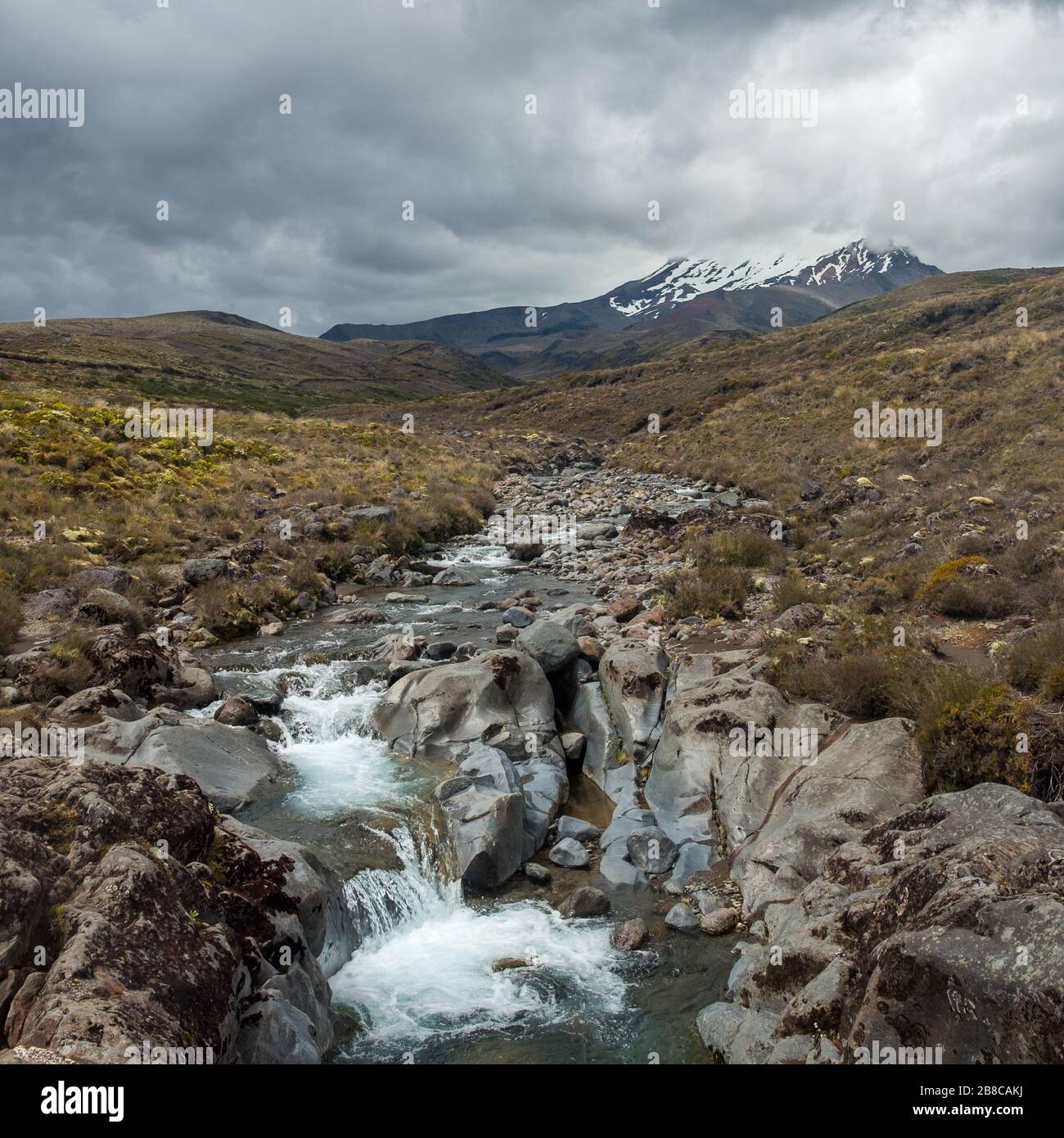 Sentier de randonnée des chutes Taranaki dans le parc national de Tongariro en Nouvelle-Zélande. Vue sur le ruisseau Wairere avec le mont Ruapehu en arrière-plan Banque D'Images