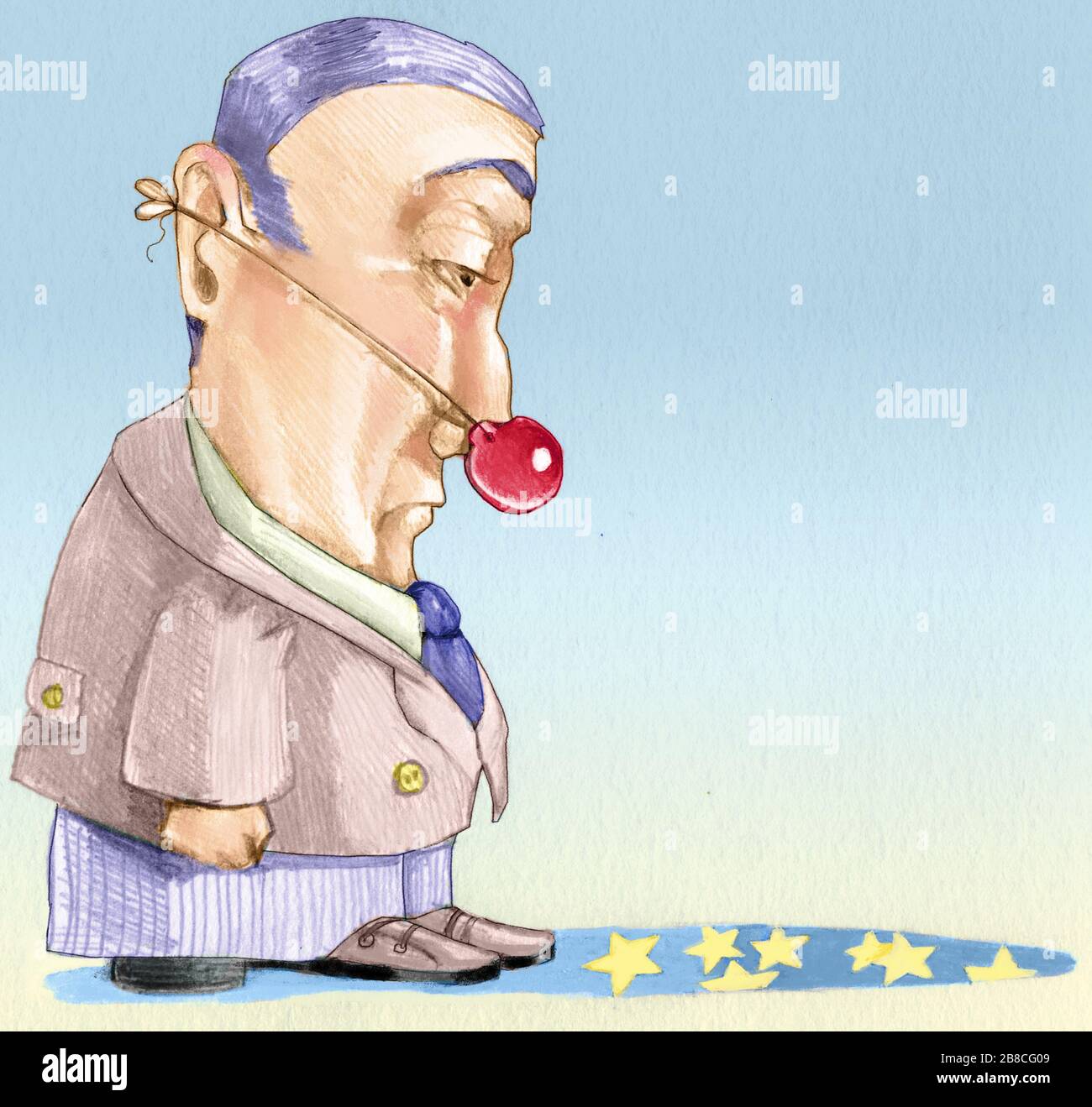 un homme triste au nez clown semble déjecté dans son ombre et voit une nuit affamée Banque D'Images