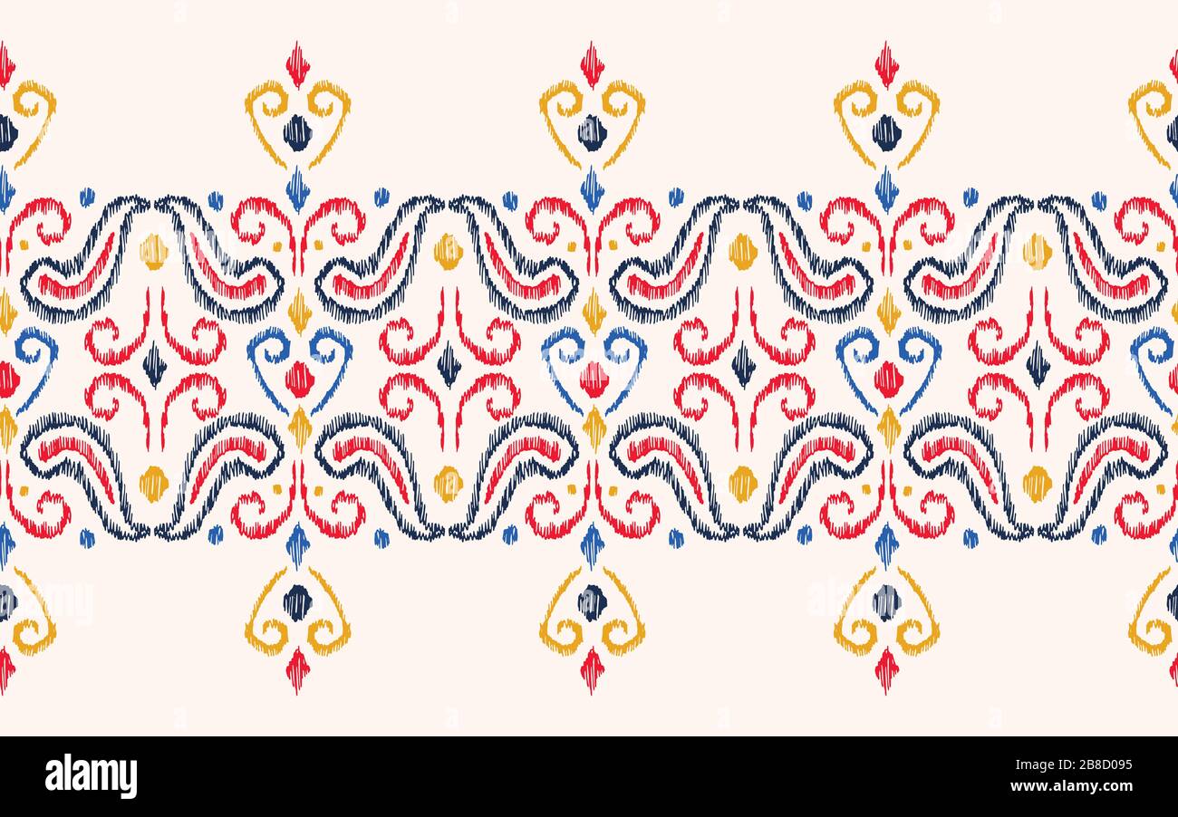 Bordure à motif vectoriel Ikat Boho en dentelle traditionnelle ethnique colorée dessinée à la main Illustration de Vecteur