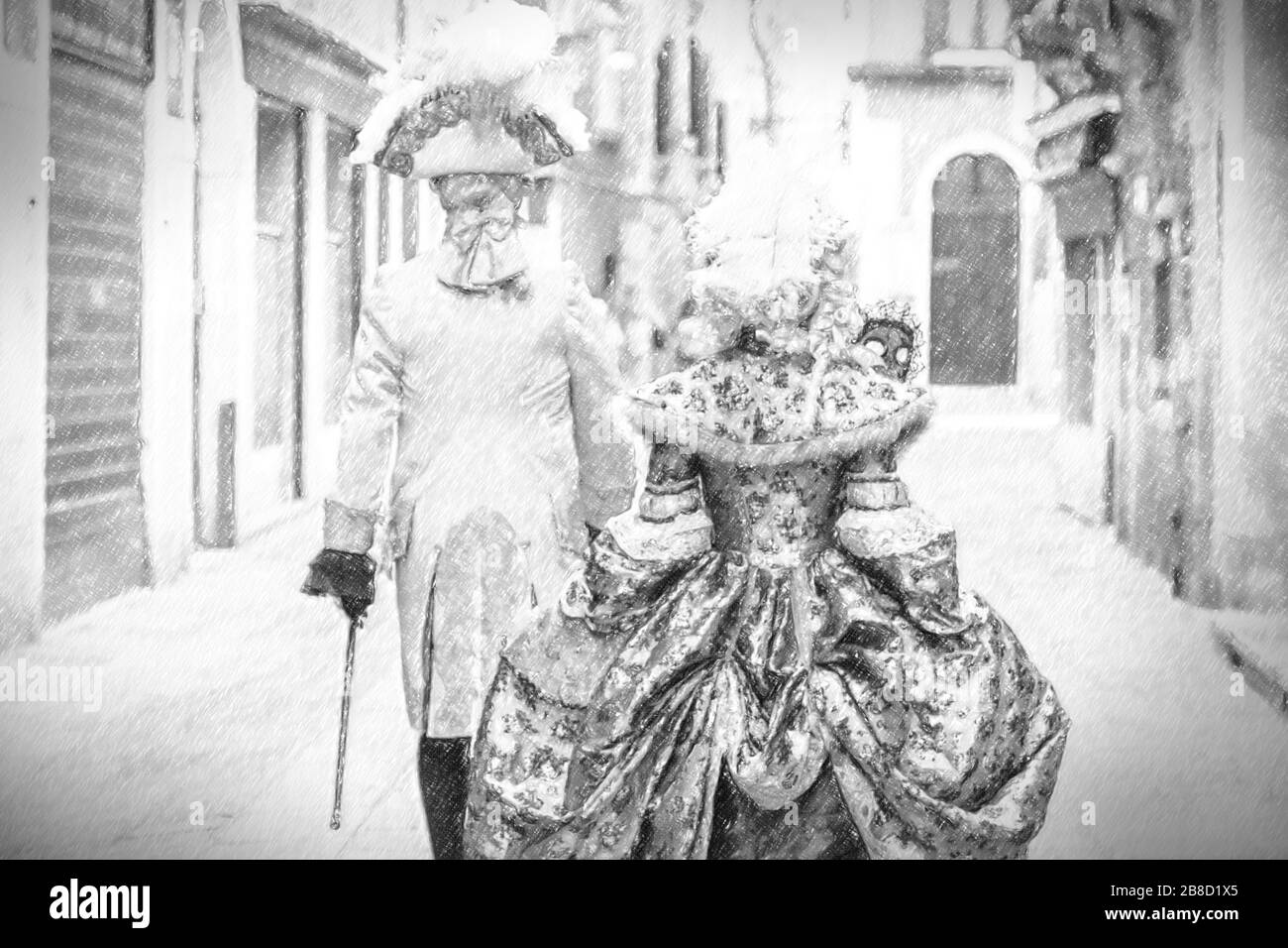 Dessin au crayon illustration de personnes en costume vénitien marchant à Venise Banque D'Images