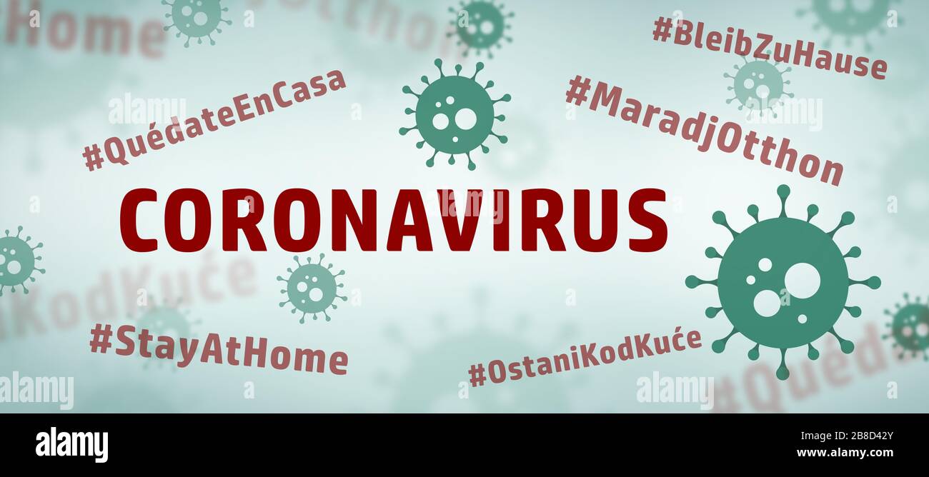 Vert contexte du coronavirus avec illustration du virus de la maladie mondiale. Concept Covid-19 et restez à la maison signe Banque D'Images