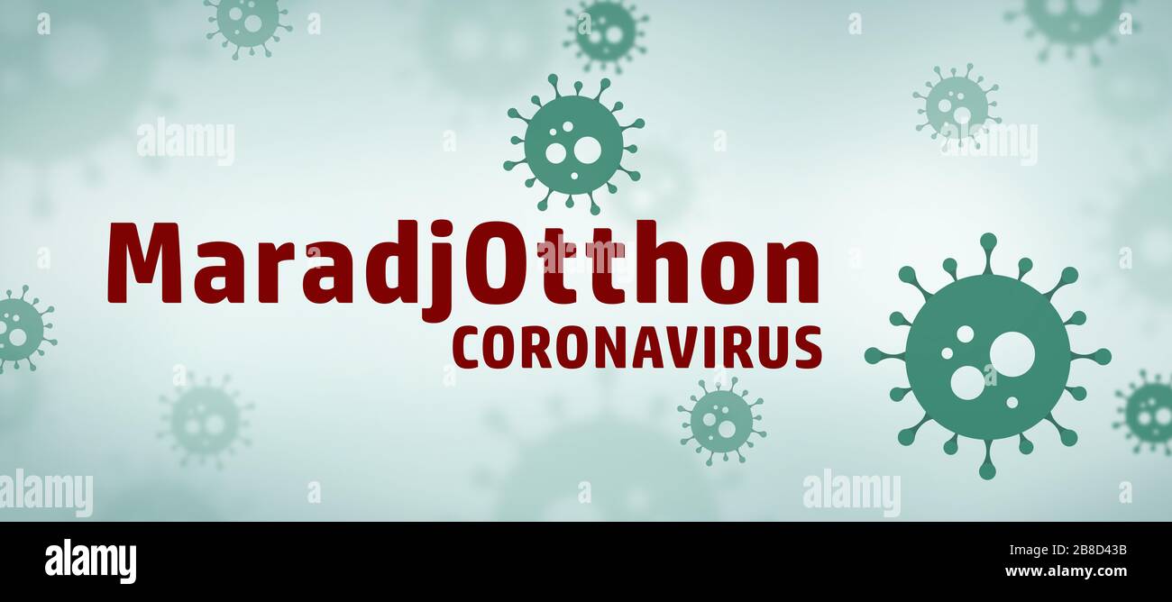 Vert contexte du coronavirus avec illustration du virus de la maladie mondiale. Concept Covid-19 et restez à la maison signe Banque D'Images