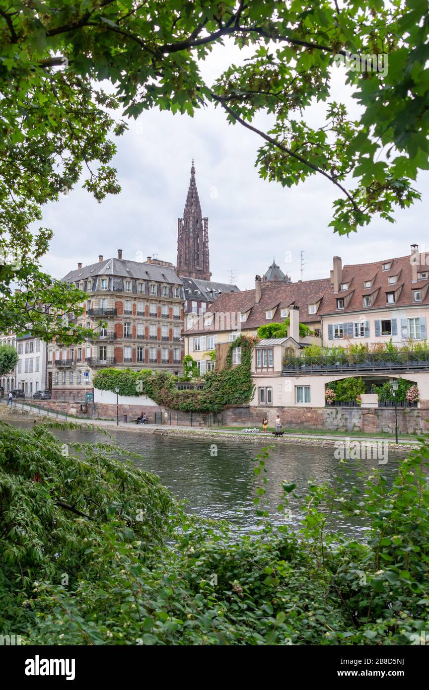 Vieille ville de Strasbourg sur les rives de l'Ill avec la flèche de la célèbre cathédrale en arrière-plan Banque D'Images