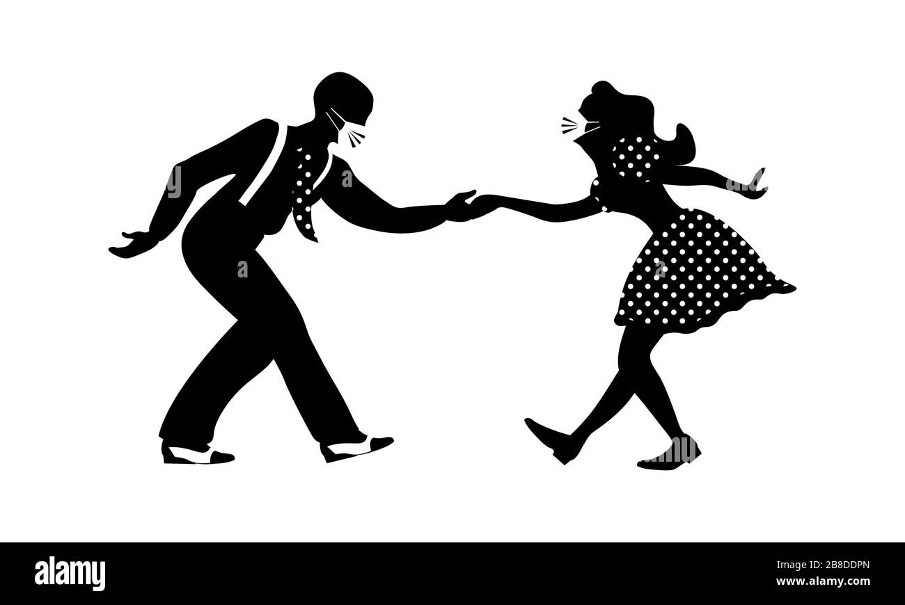 Homme et femme dansant lindy hop avec des masques médicaux sur leurs visages. Partie de quarantaine. Illustration vectorielle. Illustration de Vecteur