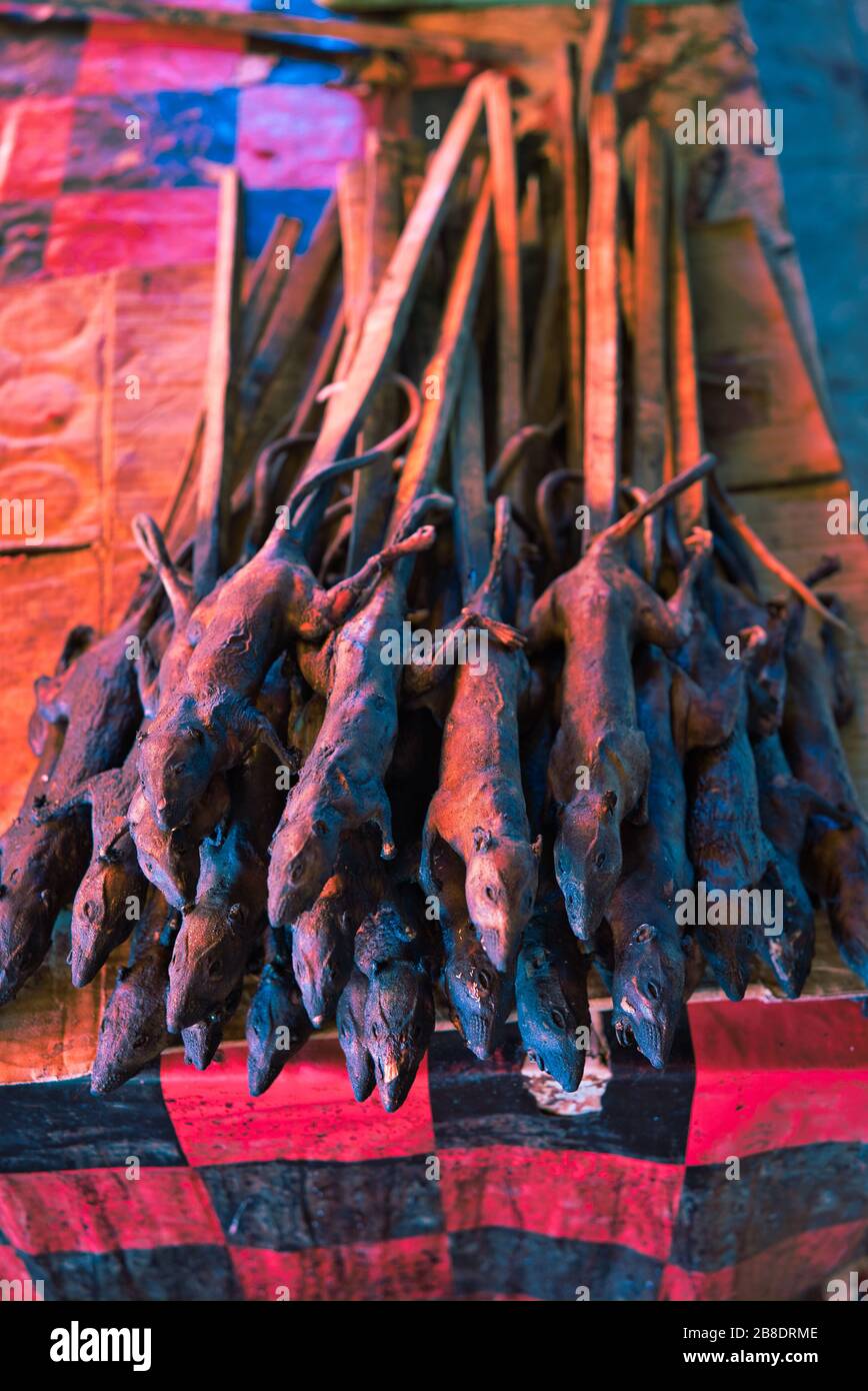 Rats sauvages dans un marché asiatique. Torréfié et prêt à être mangé par les humains. Manger des animaux sauvages. Cause possible de Coronavirus. Banque D'Images