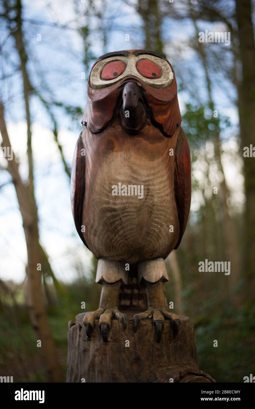 Gruffalo Owl Wood Carving at Westonbirt Arboretum, Tetbury, Gloucestireshire, Angleterre par David Lucas (Lucas sculptures) Banque D'Images