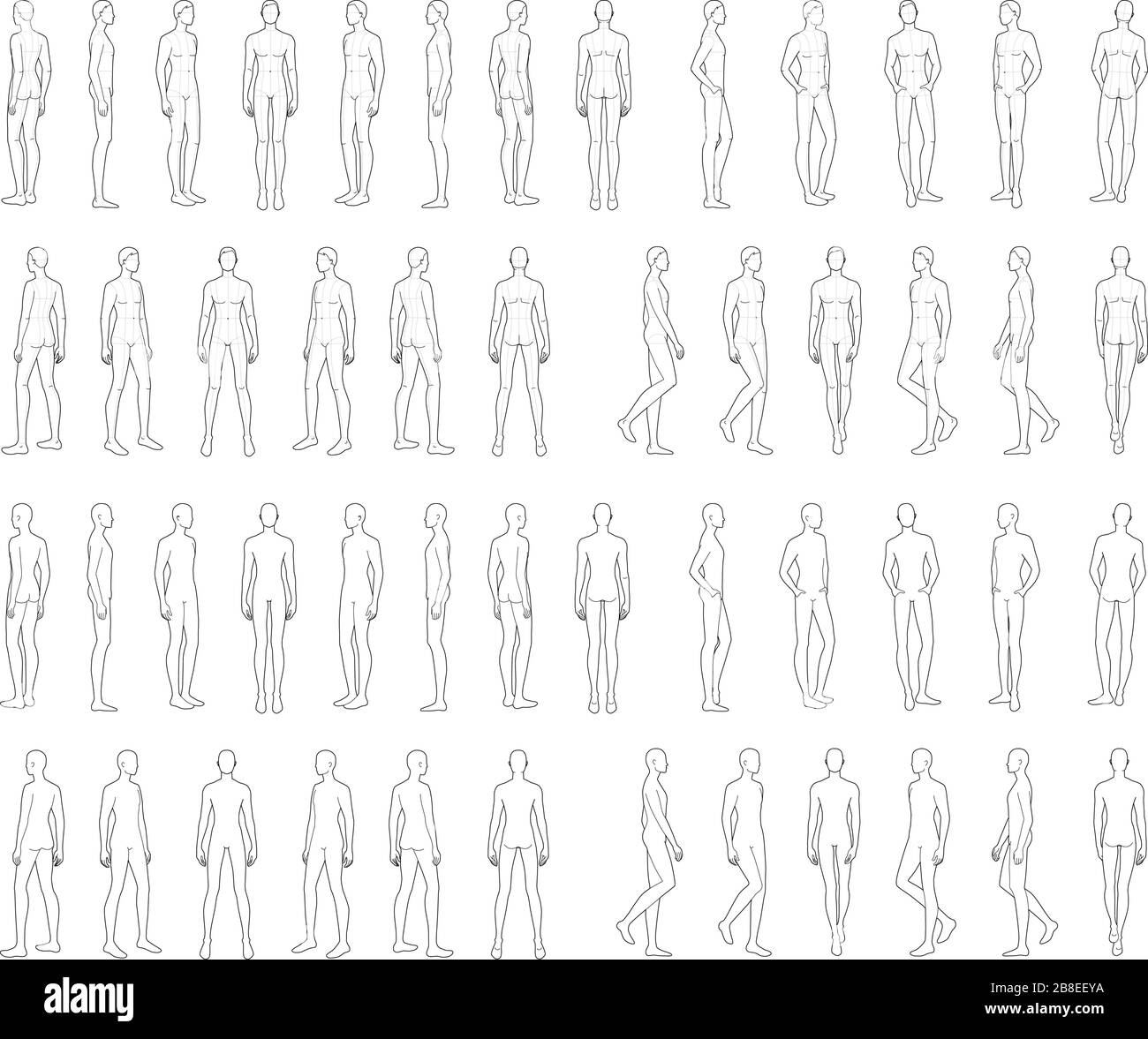 Modèle de mode d'hommes debout. 9 dimensions de tête pour le dessin technique avec et sans lignes principales. Les messieurs sont des vues avant, latérale et arrière. Silhouette vectorielle pour l'esquisse et l'illustration de mode. Illustration de Vecteur