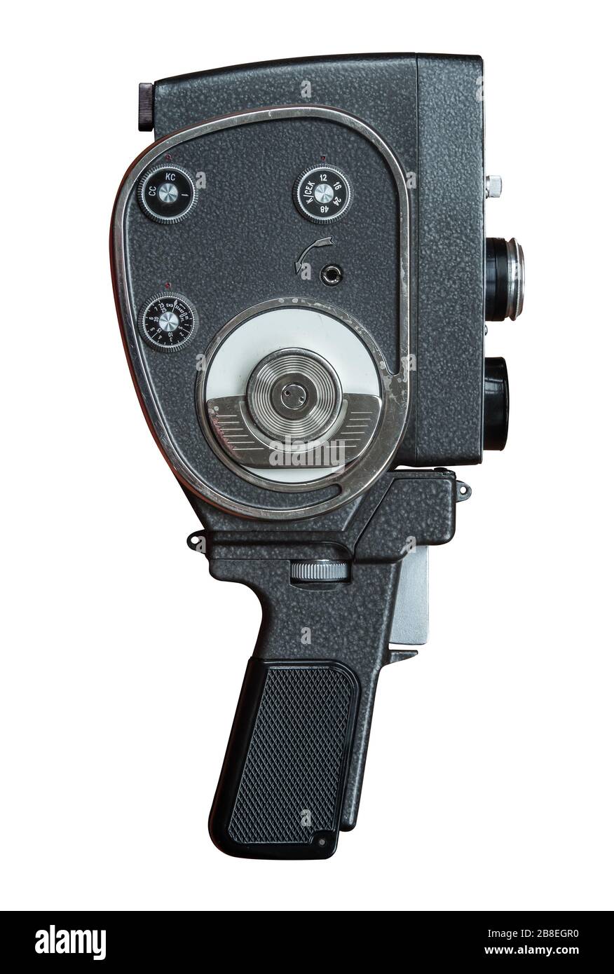 Un appareil photo à film Super 8 rétro Vintage à main rétro isolé sur un fond blanc Banque D'Images